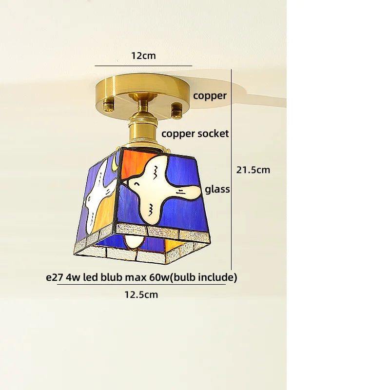 Afralia Wood Copper LED Ceiling Light Amber Glass Plafond Lamp