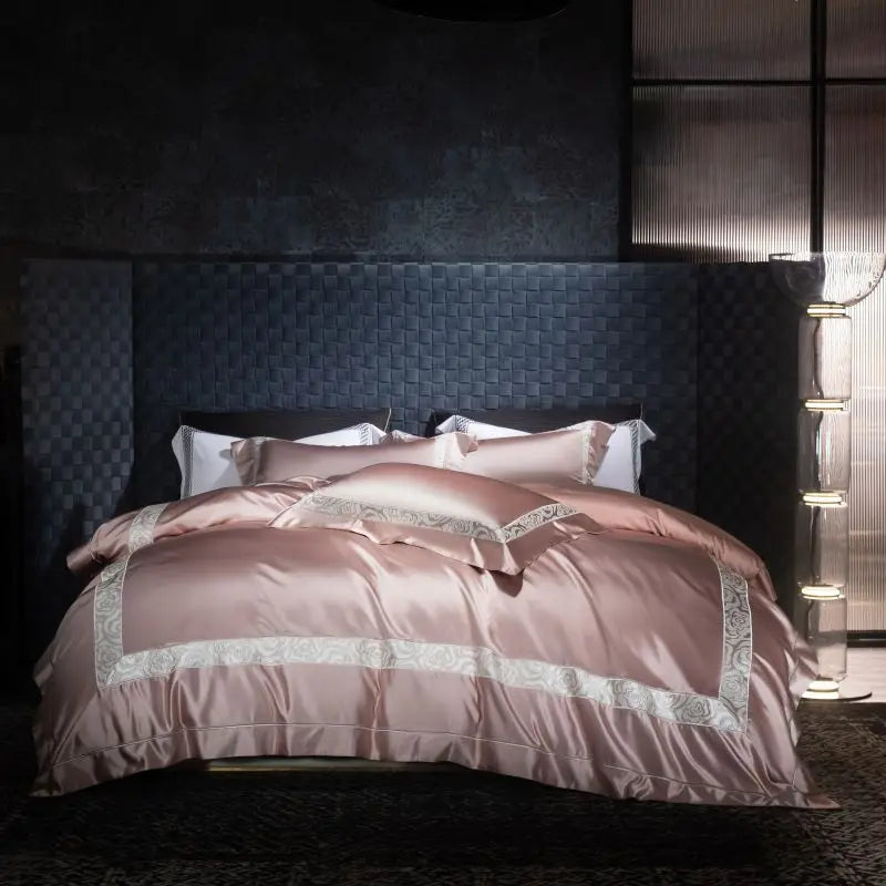 Afralia™ Satin Brocade Luxe Embroidery Bedding Set Champagne Cotton Duvet Cover Bed Sheet Pillowcases