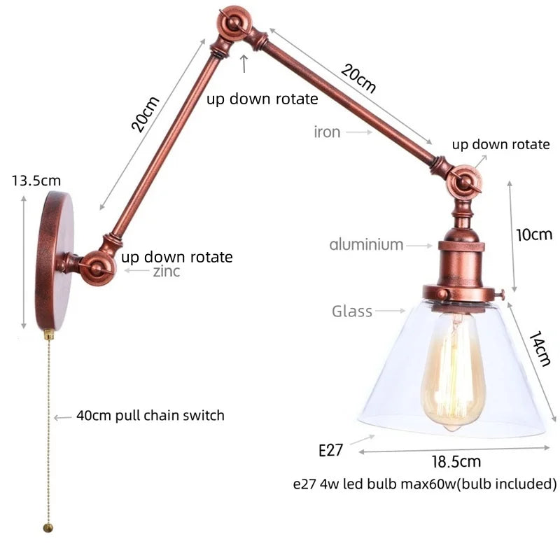 Afralia™ Swing Arm LED Wall Lights Pull Chain Switch Glass Ball Industrial Home Decor