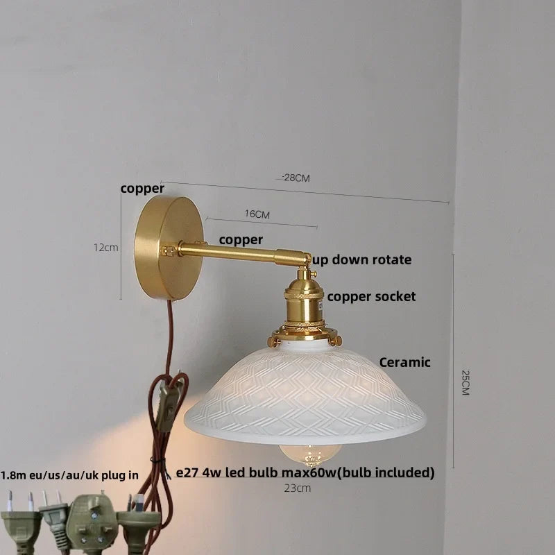 Afralia™ Ceramic Brass LED Wall Light Pull Chain Switch Modern Nordic Design