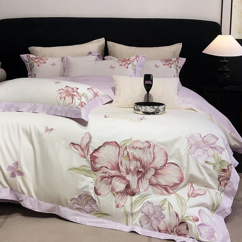 Afralia™ Blooming Flowers Embroidery Bedding Set 600TC Egyptian Cotton Duvet Cover Queen King