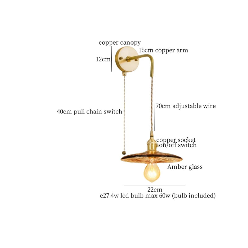 Afralia™ Glass LED Wall Sconce Bedroom Loft Bathroom Stair Light Pull Chain Copper