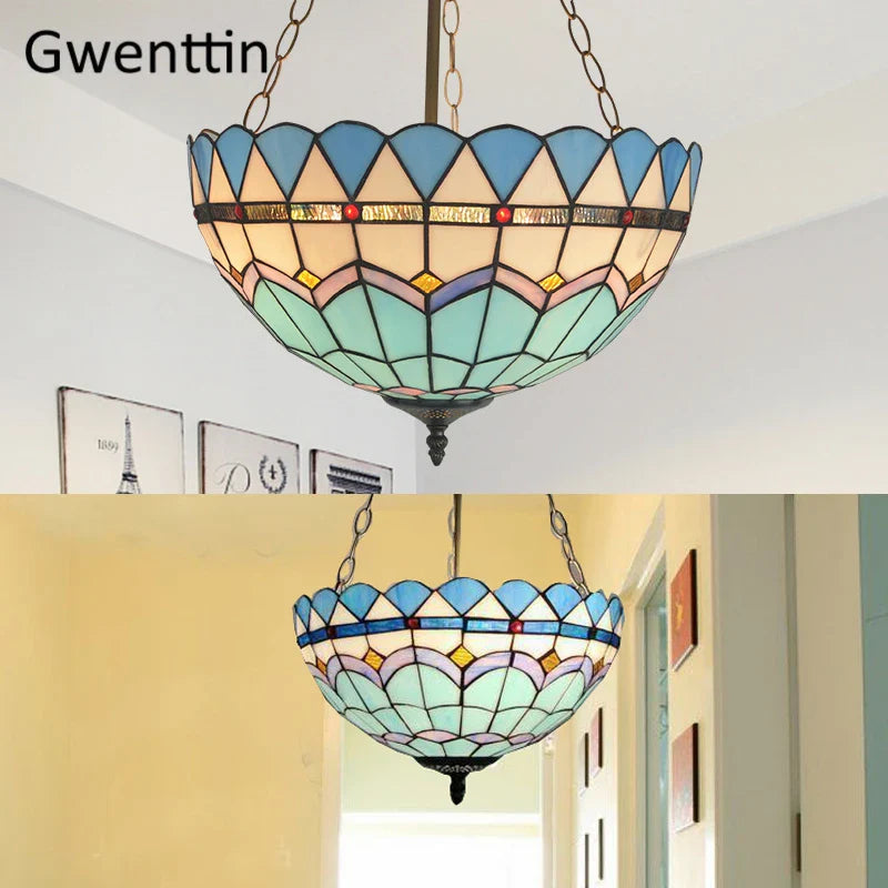 Afralia™ Tiffany Stained Glass Pendant Light Chandelier LED Fixture for Home Deco