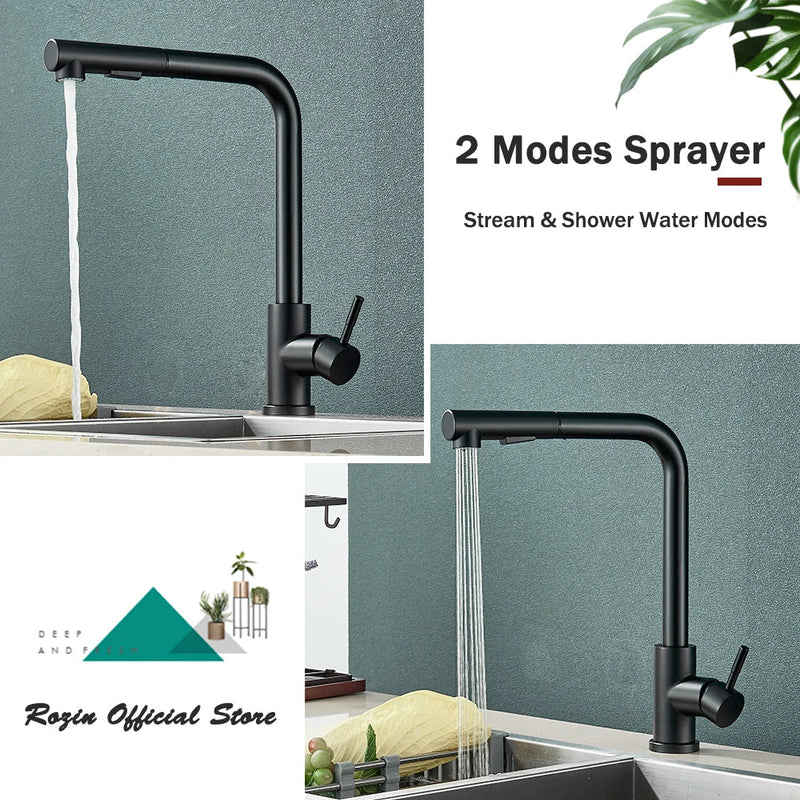 Afralia™ Black Pull Out Kitchen Faucet 360° Rotation 2 Ways Nozzle Hot Cold Mixer Tap