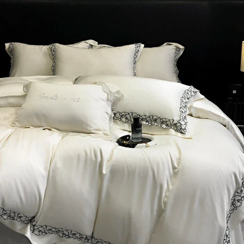Afralia™ Silky Eucalyptus Fiber Bedding Set with Wide Lace Edge