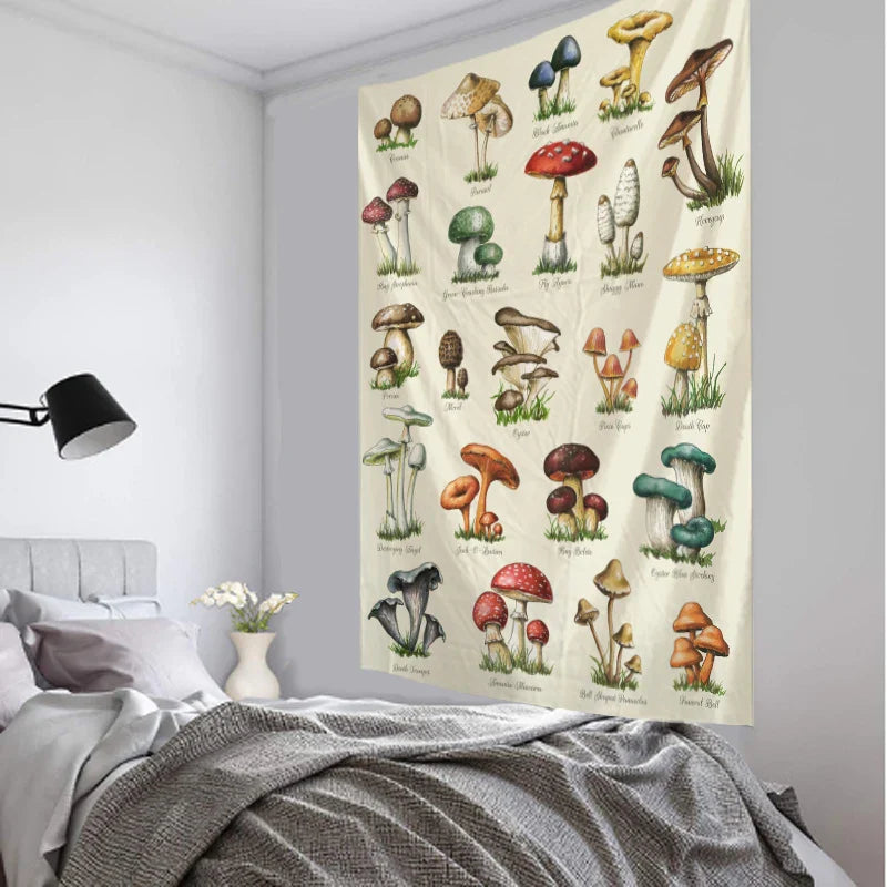 Mushroom Oil Painting Tapestry Wall Hanging by Afralia™ - Boho Tropical Plants Art