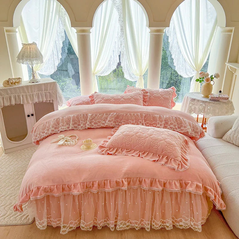 Afralia™ Velvet Princess Lace Ruffles Bedding Set - 4pcs Luxury Solid Color
