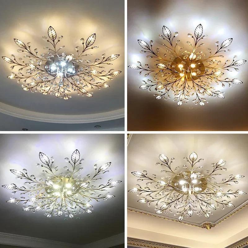 Afralia™ Modern Leaves Crystal Ceiling Lamp LED Fixture for Living Room, Bedroom, Kitchen