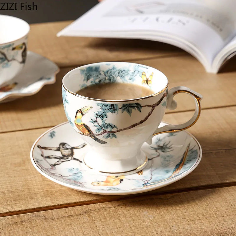 Afralia™ Flowers & Birds Pattern Ceramic Cup & Saucer Set for Dining Table - Tea & Coffee Mug