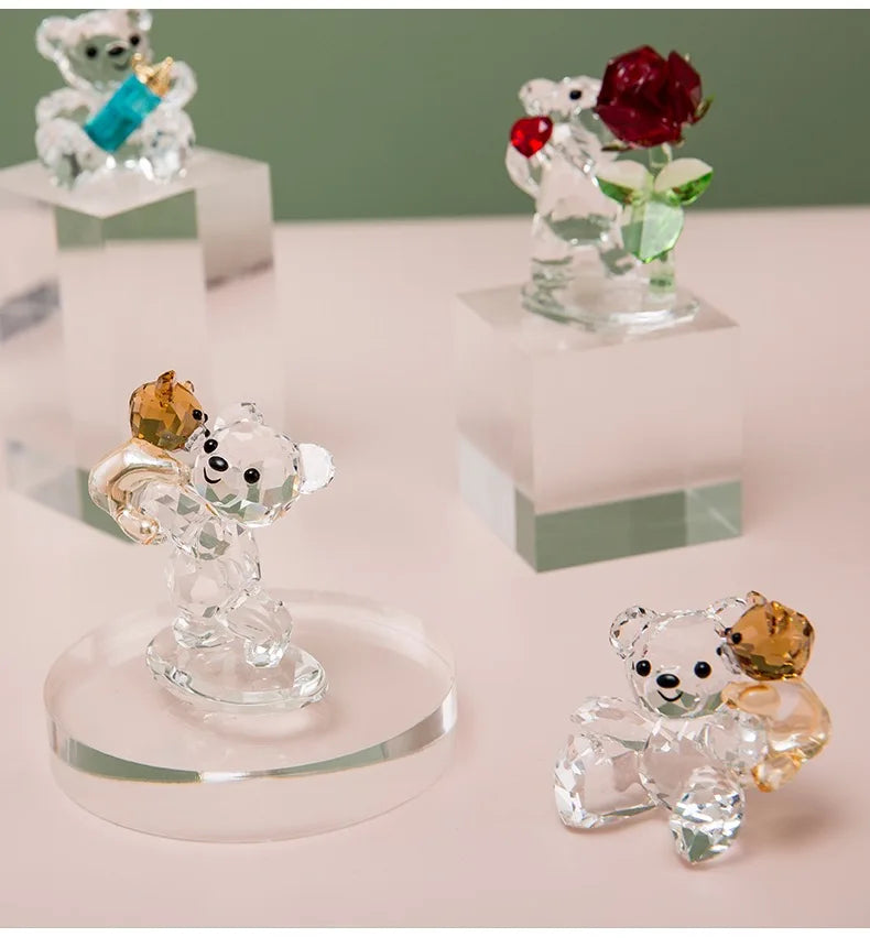 Afralia™ Clear Crystal Bear Sunflower Figurine Glass Animal Ornament Statue Collectible