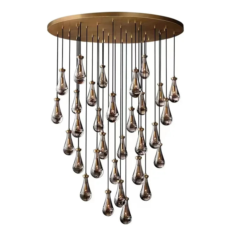 Afralia™ Brass Teardrop Pendant Chandelier with Black/Gold Glass - LED Living Room Staircase Light
