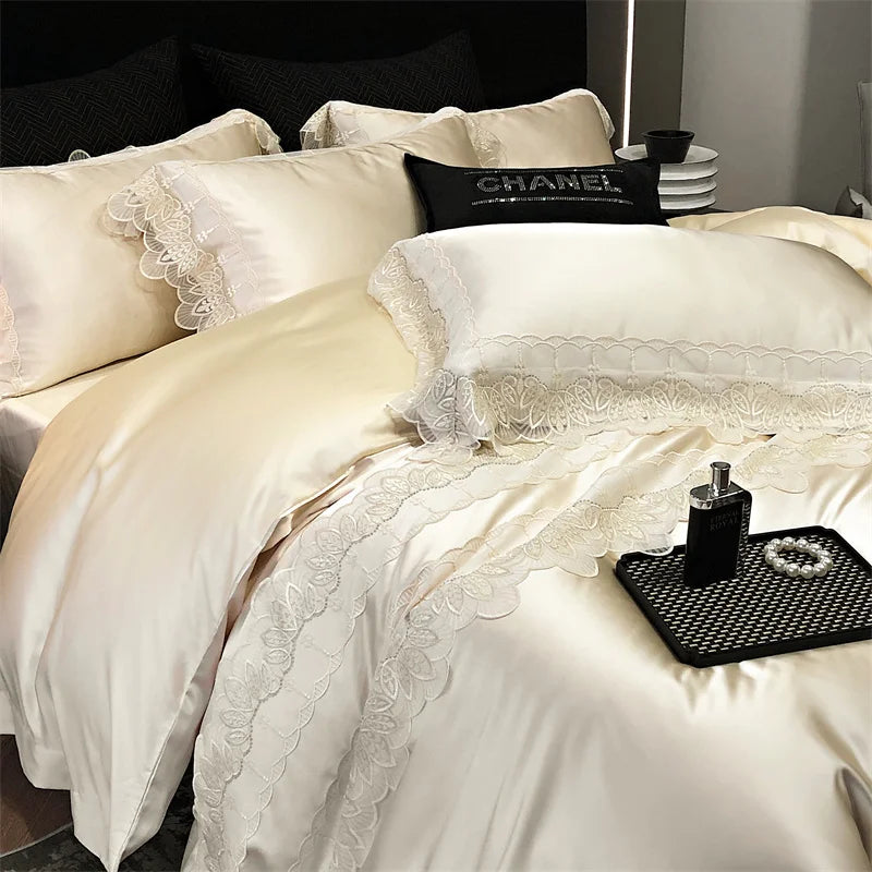 Afralia™ Lace Patchwork Silk Cotton Luxury Bedding Set Queen King Size
