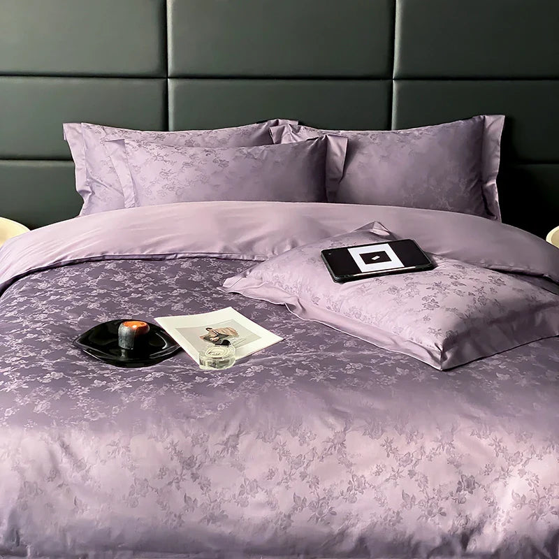 Afralia™ Satin Jacquard Bedding Set, Luxury Purple Flowers, Duvet Cover, Bed Sheet