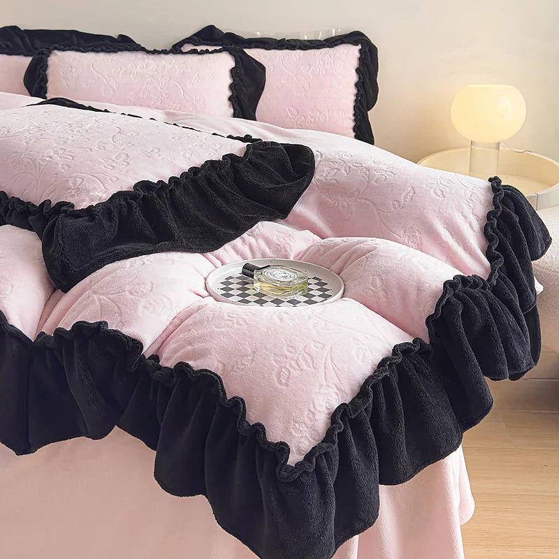 Afralia™ Princess Velvet Fleece Ruffles Winter Bedding Set - Plush Coral Velvet Duvet Cover & Sheet