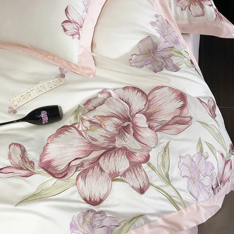 Afralia™ Blooming Flowers Embroidery Bedding Set 600TC Egyptian Cotton Duvet Cover Queen King