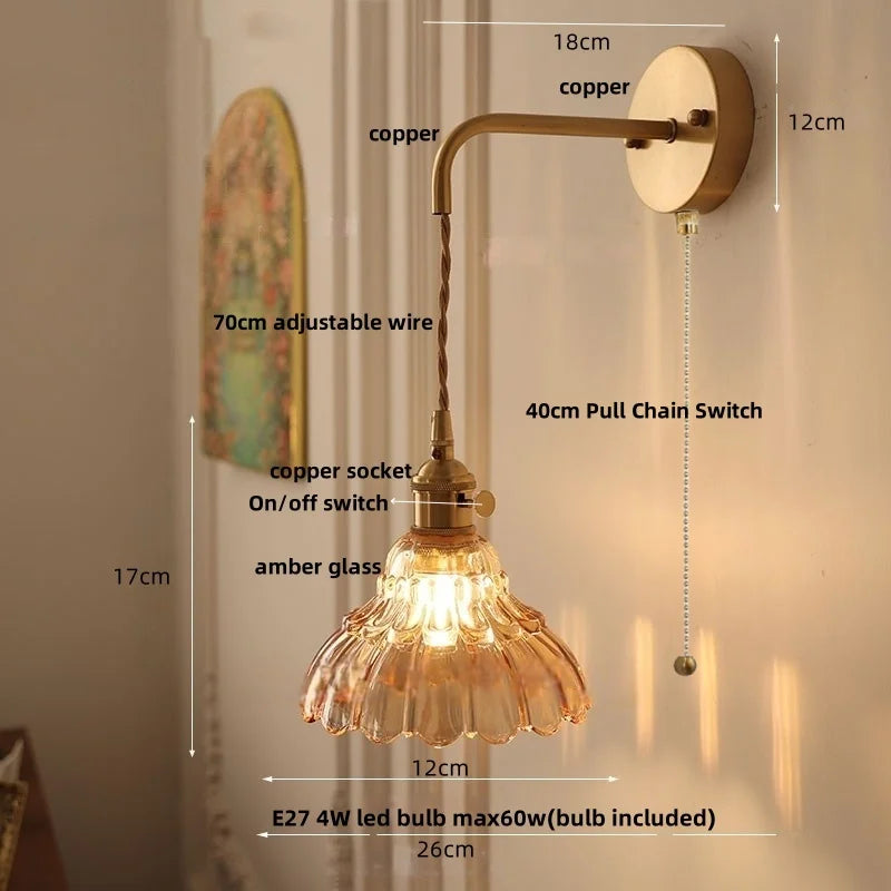 Afralia™ Amber Glass LED Wall Light with Pull Chain Switch, Modern Nordic Flower Wall Sconce