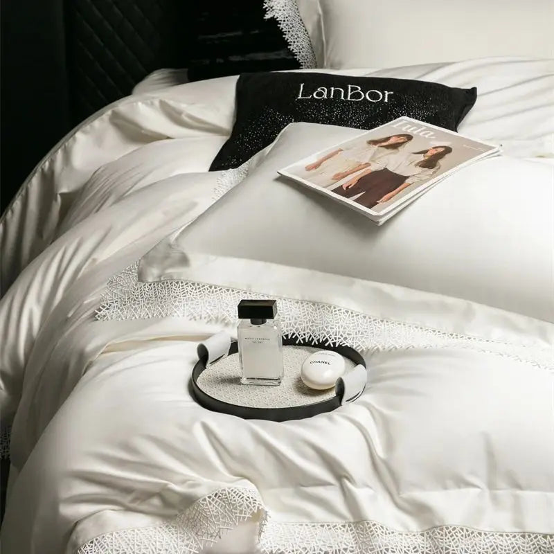 Afralia™ French Lace Edge Bedding Set, 1000TC Egyptian Cotton, Queen King, Duvet, Sheet, Pillowcases