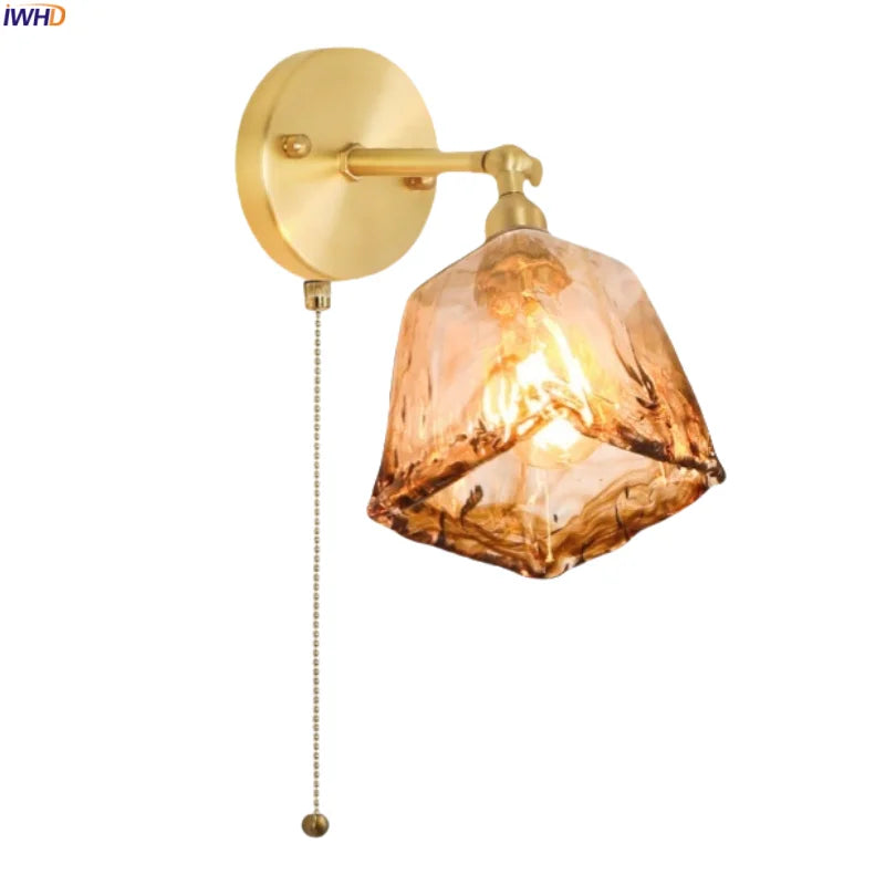 Afralia™ Amber Glass LED Wall Lamp for Bedroom Minimalistic Copper Lighting