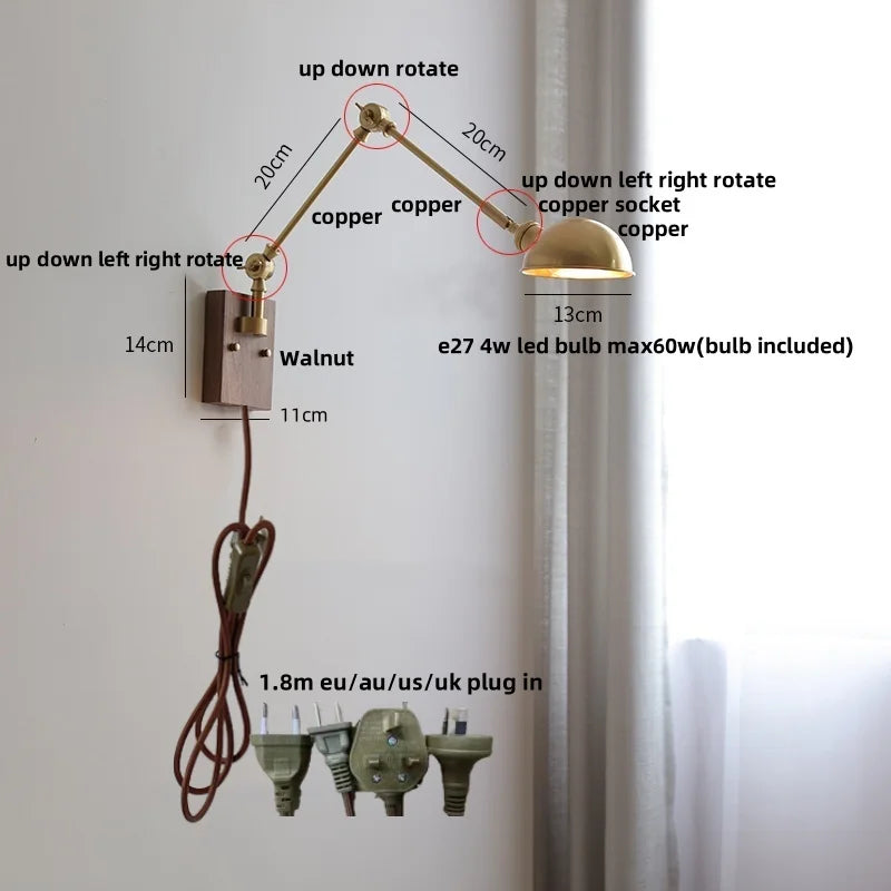Afralia™ Walnut Copper Swing Arm LED Wall Light Fixture for Nodic Home Decor