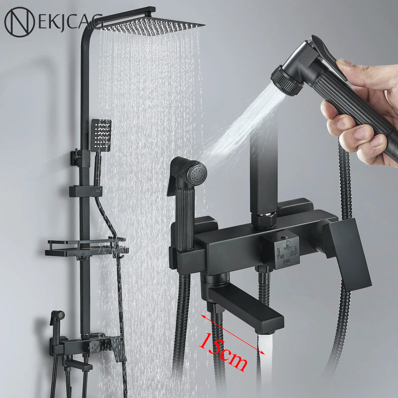 Afralia™ Black Brass Shower Faucet Set with Rotatable Tub Spout and Rain Shower Column