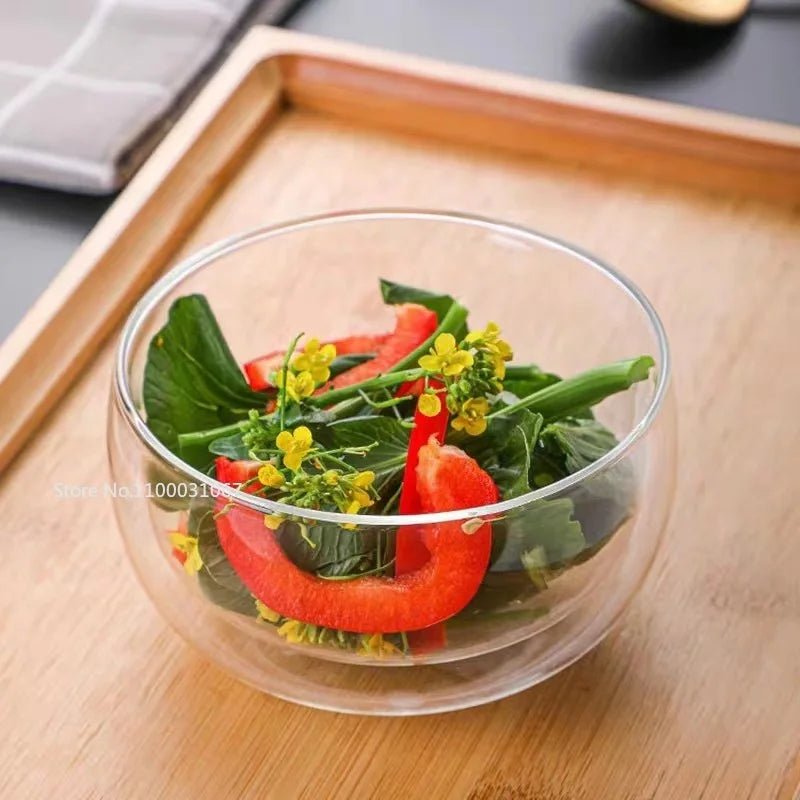 Afralia™ Double Wall Glass Salad Bowl Insulated Container - Heat Resistant Kitchen Tableware