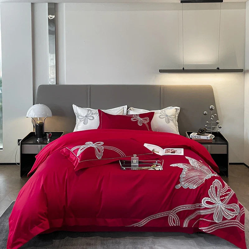 Afralia™ Luxury Butterfly Embroidery Wedding Bedding Set with 100% Egyptian Cotton Quality
