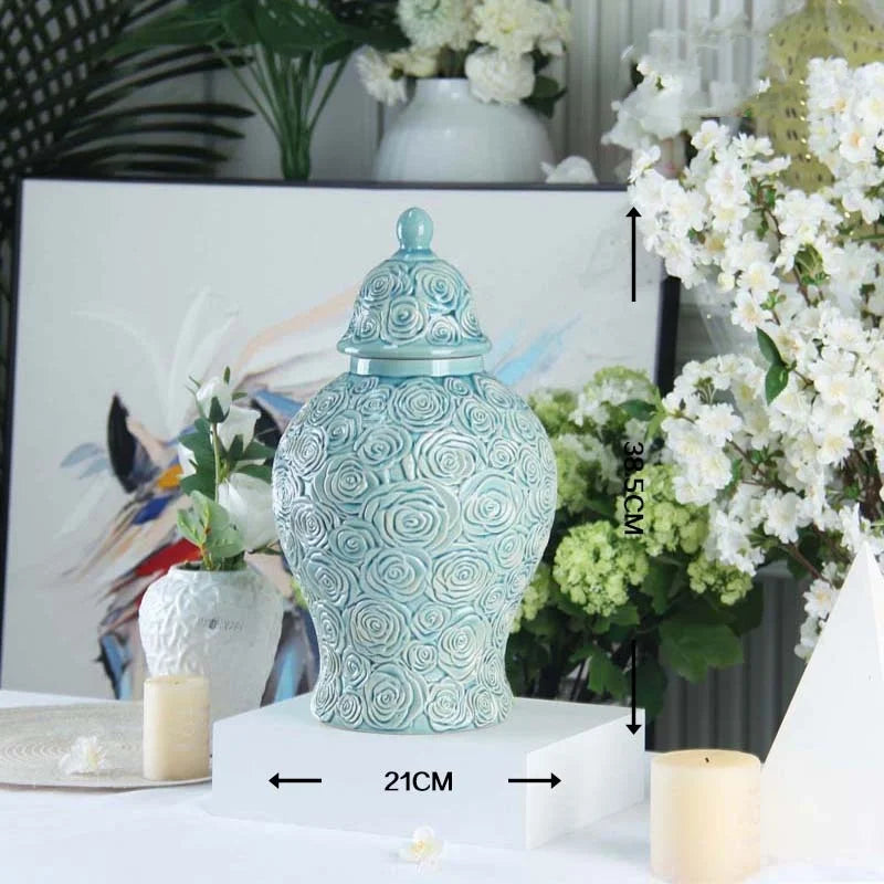 Afralia™ Checkmate Porcelain Ginger Jar with Rose Relief, Storage & Vase