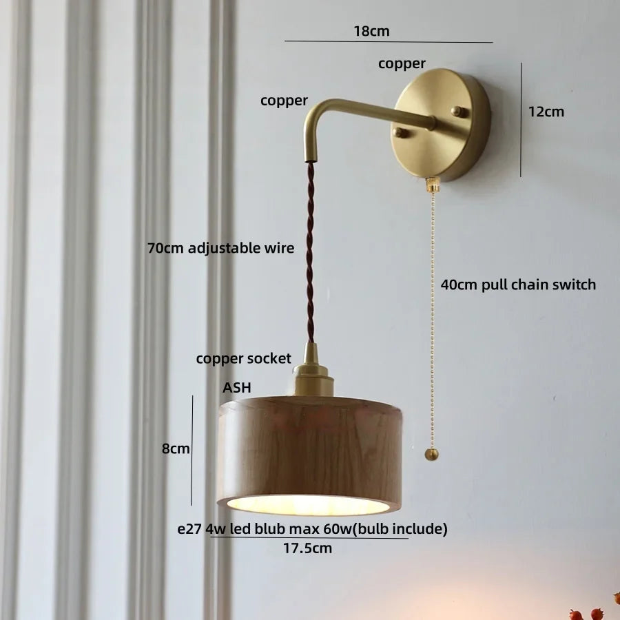 Afralia™ Ash Wood LED Wall Lamp with Pull Chain Switch for Home Decor