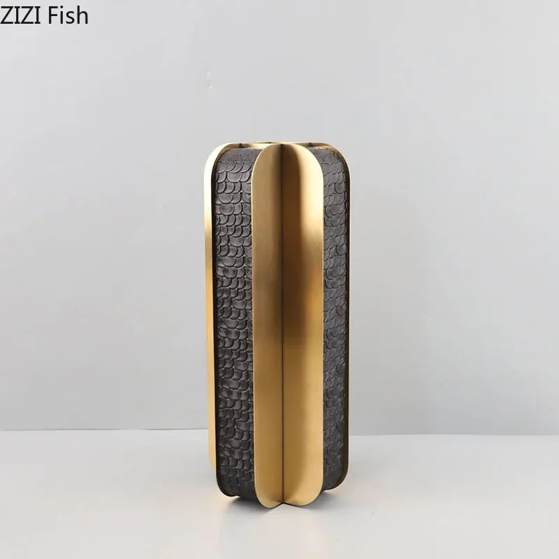 Afralia™ Golden Geometry Vase Artificial Flower Desk Decor - Leather Floral Room Aesthetic