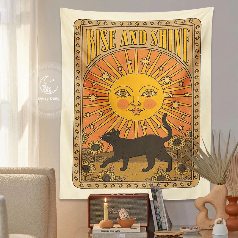 Sun Cat Tarot Tapestry by Afralia™: Vintage Boho Wall Art for Witchcraft and Hippie Decor