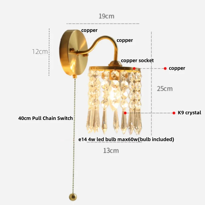 Afralia™ Crystal LED Wall Sconce Pull Chain Switch Brass Mirror Light