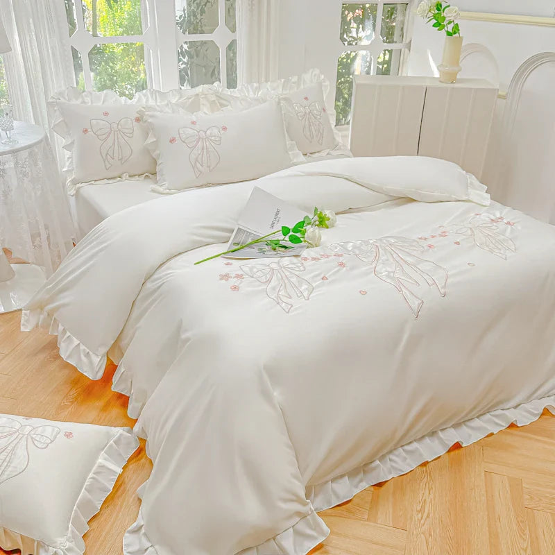 Afralia™ Ice Silk Embroidered Ruffles Duvet Set with Cool & Skin-Friendly Feel