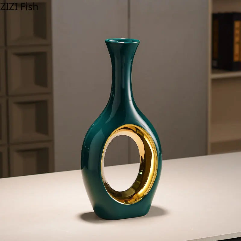 Afralia™ Gold Ceramic Vase with Artificial Flowers | Table Decoration | Room Aesthetic Decor