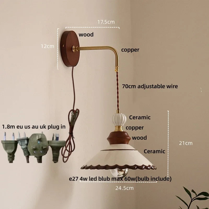 Afralia™ Nordic LED Wall Sconce Flower Ceramic Copper Wood Bedroom Reading Light