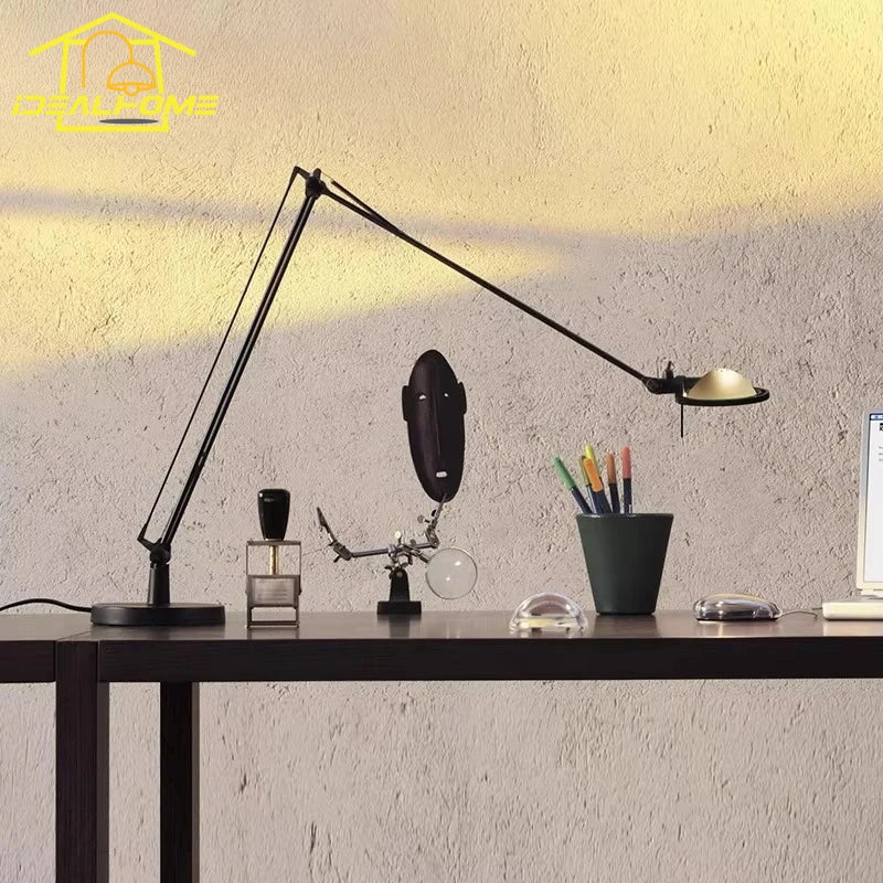 Afralia™ Industrial Black/Chrome LED Rocker Arm Desk Light with Adjustable Arm