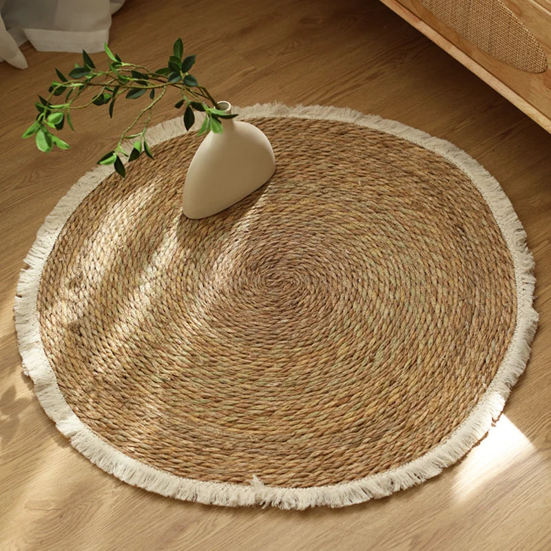 Afralia™ Vintage Jute Rattan Rug with Tassels for Home Decor