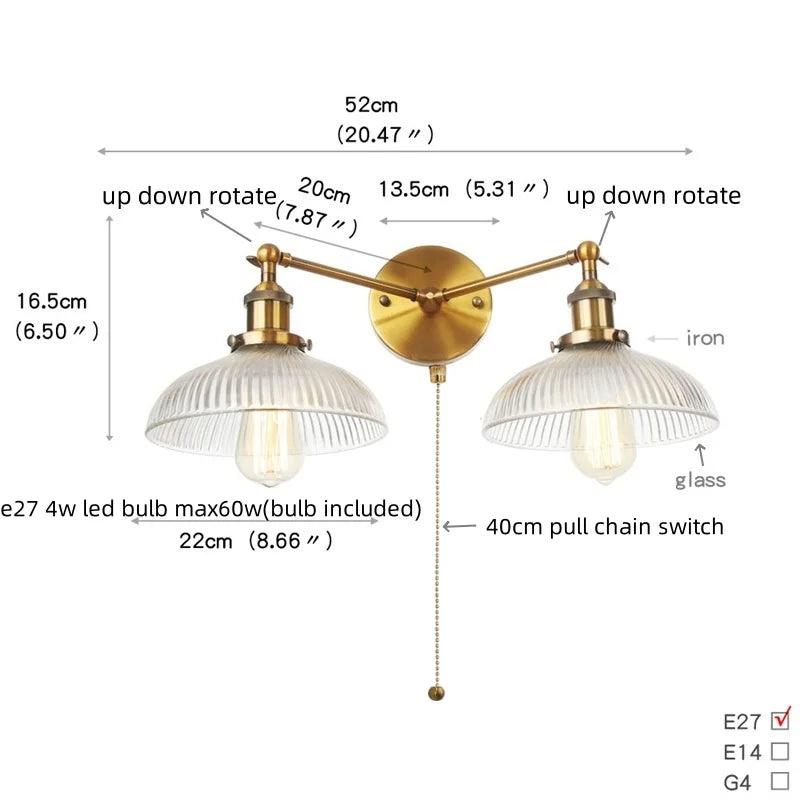Afralia™ Vintage Gold 2-Head LED Wall Lamp for Aisle Hallway & Bedroom
