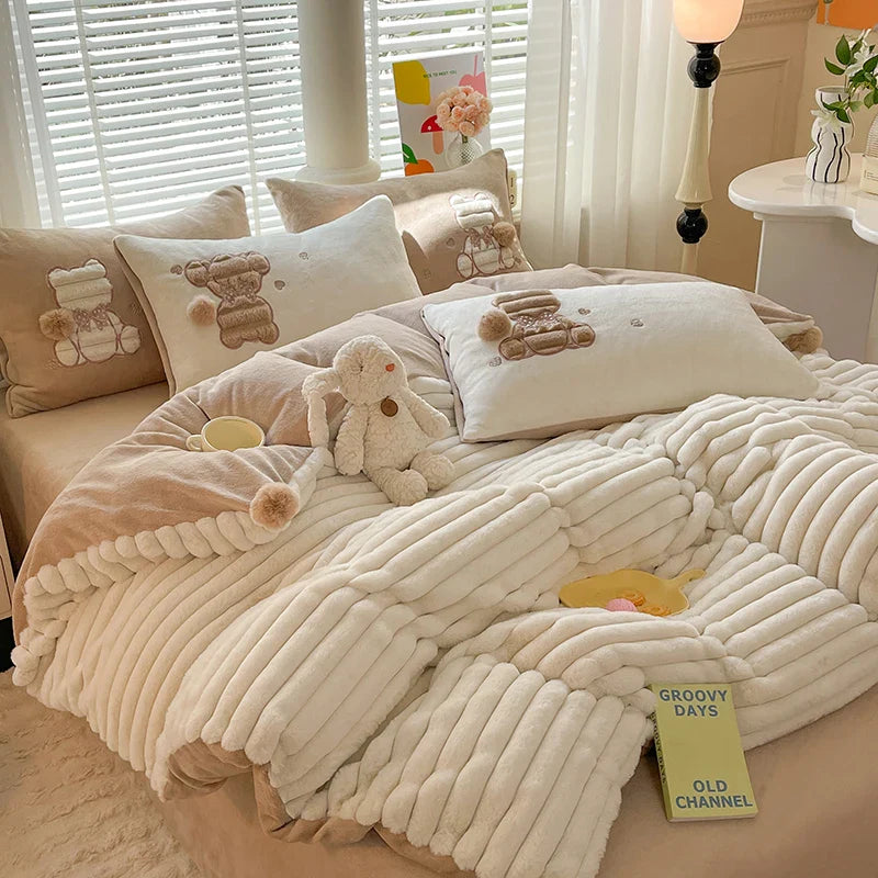 Afralia™ Rabbit Velvet Bedding Set: Single Queen King Size Plush Duvet Cover, Bed Sheet, Pillowcases