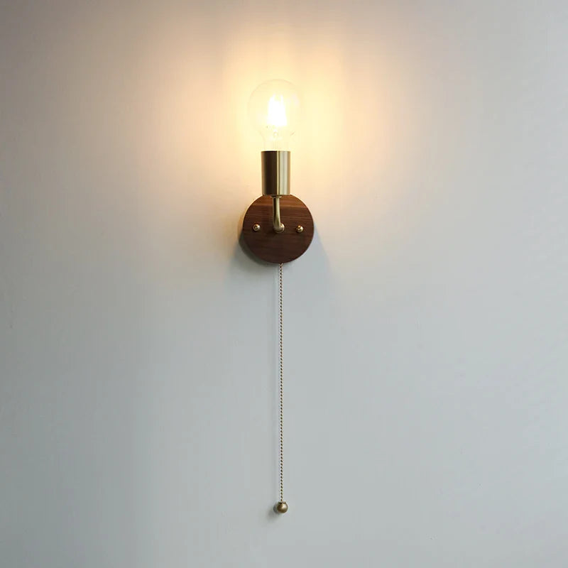Afralia™ Walnut Wood LED Wall Light with Pull Chain Switch & Clear Glass Sconce