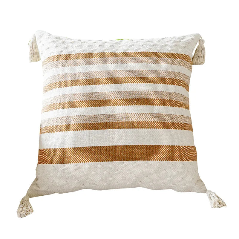 Afralia™ Ivory Brown Coffee Black Stripe Pillow Case with Tassels 45x45cm 30x50cm 50x50cm