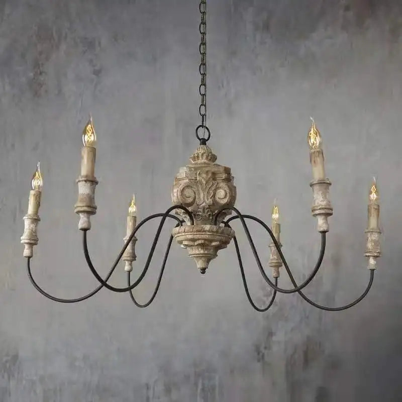 Afralia™ Vintage French Wood Chandelier | Retro Carved Rustic Dining Room Lighting