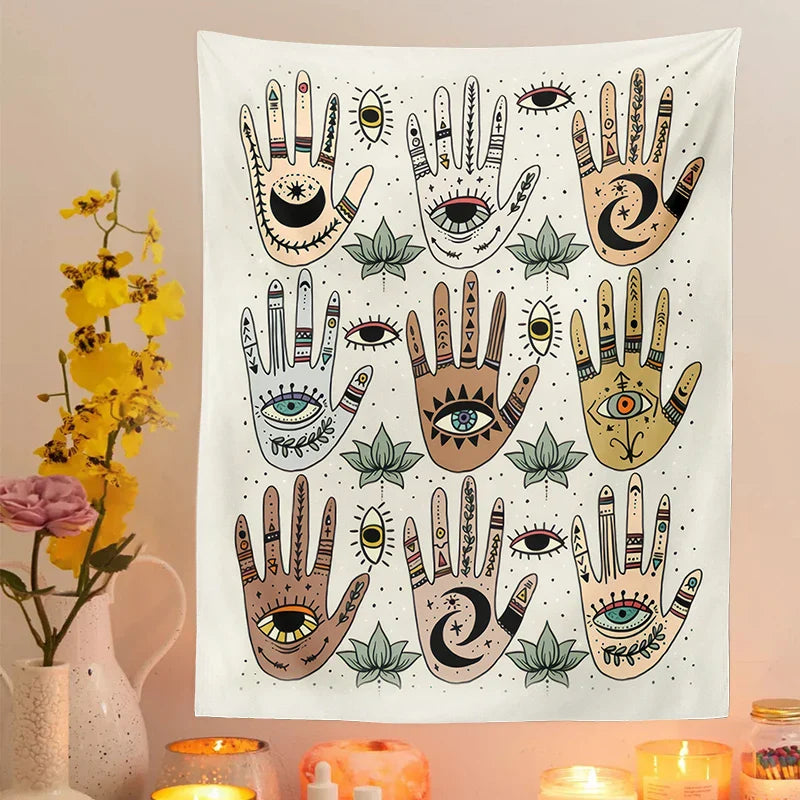 Moon Phase Evil Eye Hamsa Hand Tapestry Wall Hanging for Mystical Witchy Vibes by Afralia™