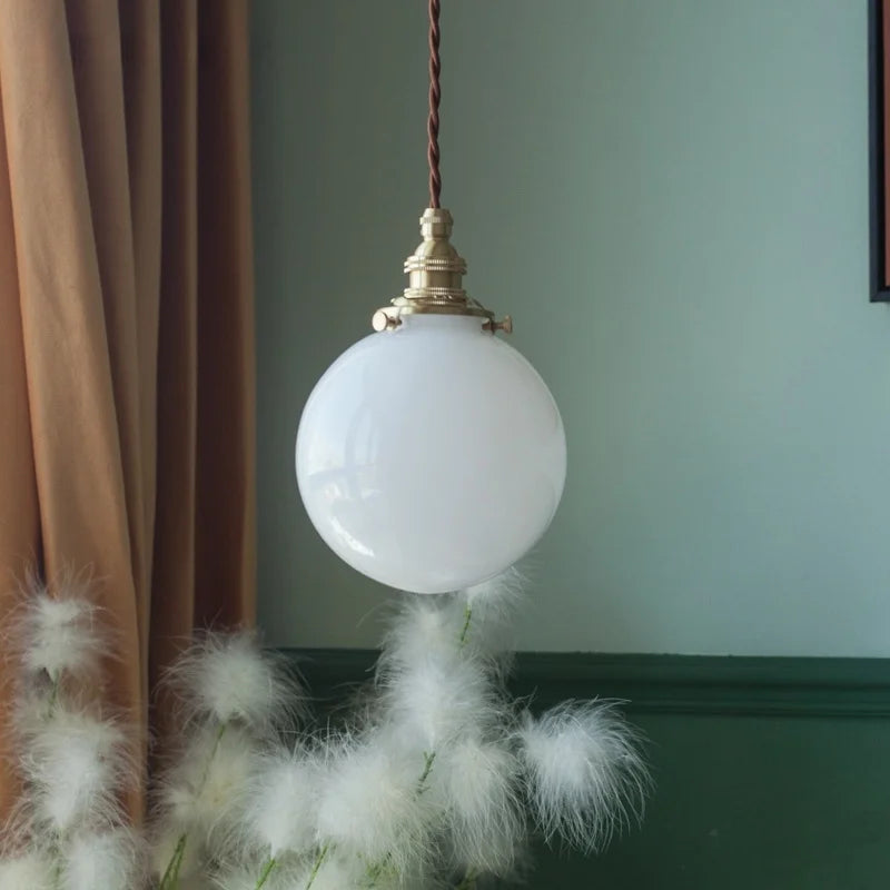 Afralia™ Cream Glass Ball LED Pendant Light for Kitchen Living Room Nordic Vintage Copper