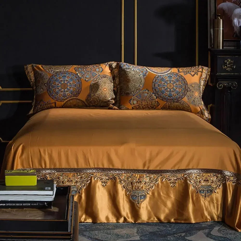 Afralia™ Golden Jacquard Baroque Bedding Set Queen King Size Linens - Sheet Pillowcase Comforter Cover