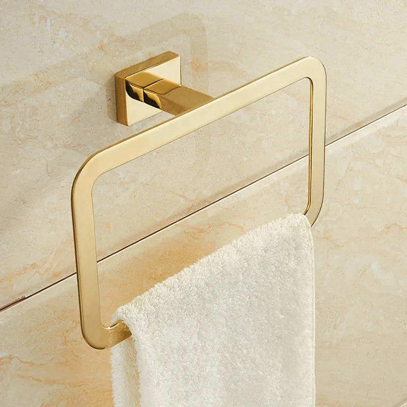 Afralia™ Gold Brass Bathroom Hardware 4-Piece Set: Towel Bar, Towel Ring, Toilet Paper Holder, Robe Hook