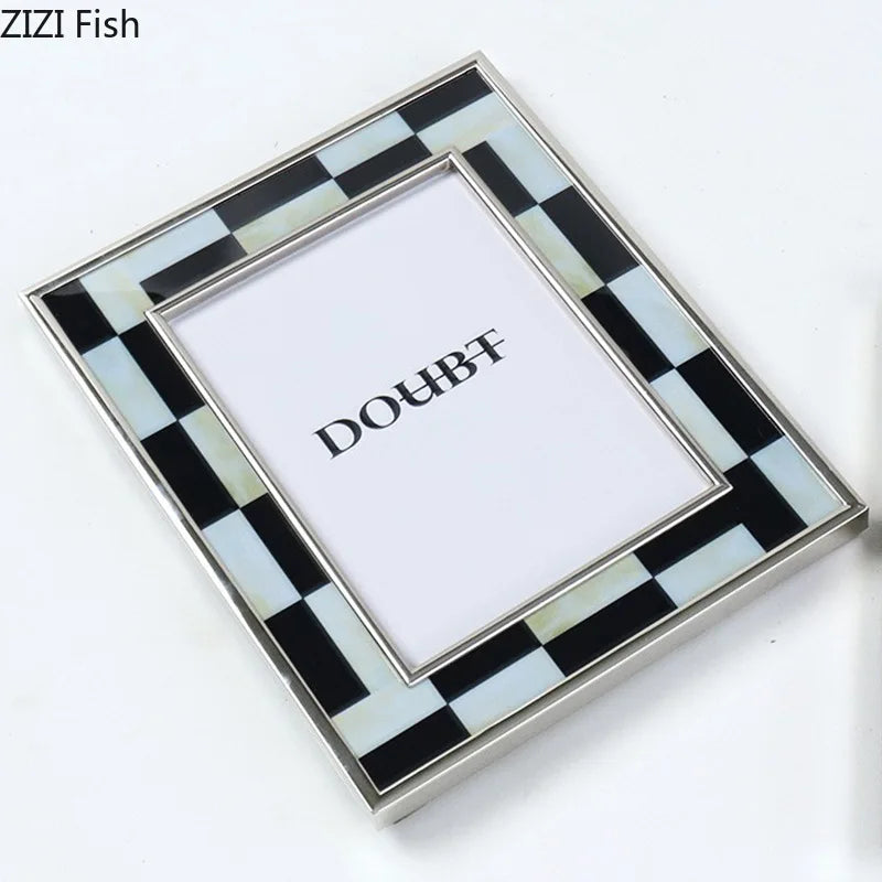 Afralia™ Black White Plaid Metal Photo Frame Abstract Desktop Decoration Display Frames