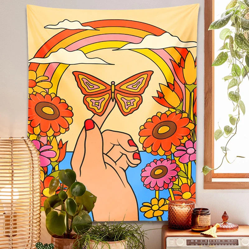 Afralia™ Butterfly Rainbow Tapestry Wall Hanging: 70s Vintage Retro Flower Child Psychedelic Art