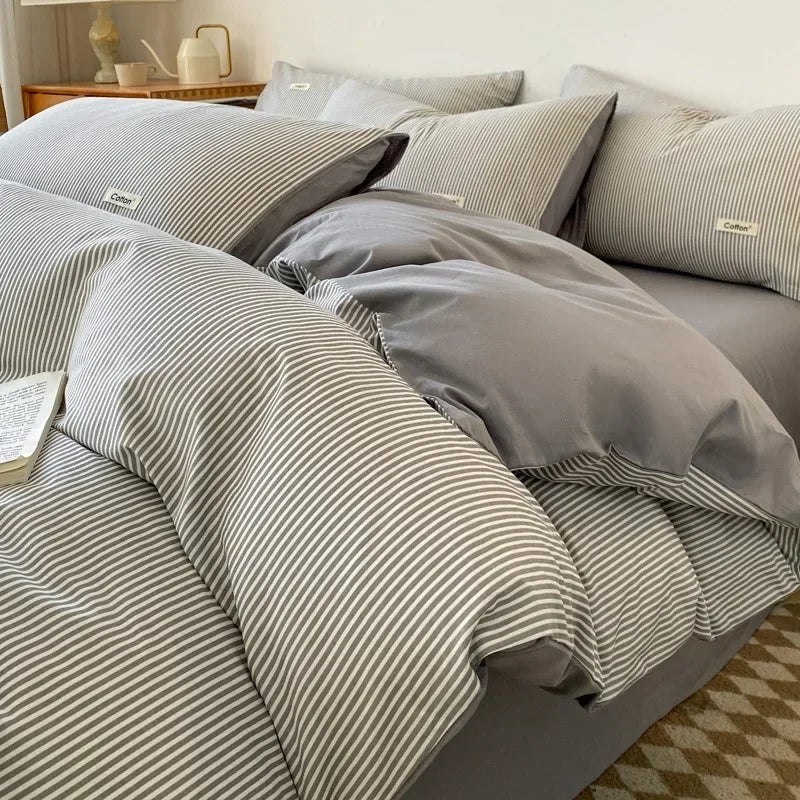 Afralia™ Grid Printed Cotton Fitted Sheet Set - Double-Sided Mix Color Quilt Cover