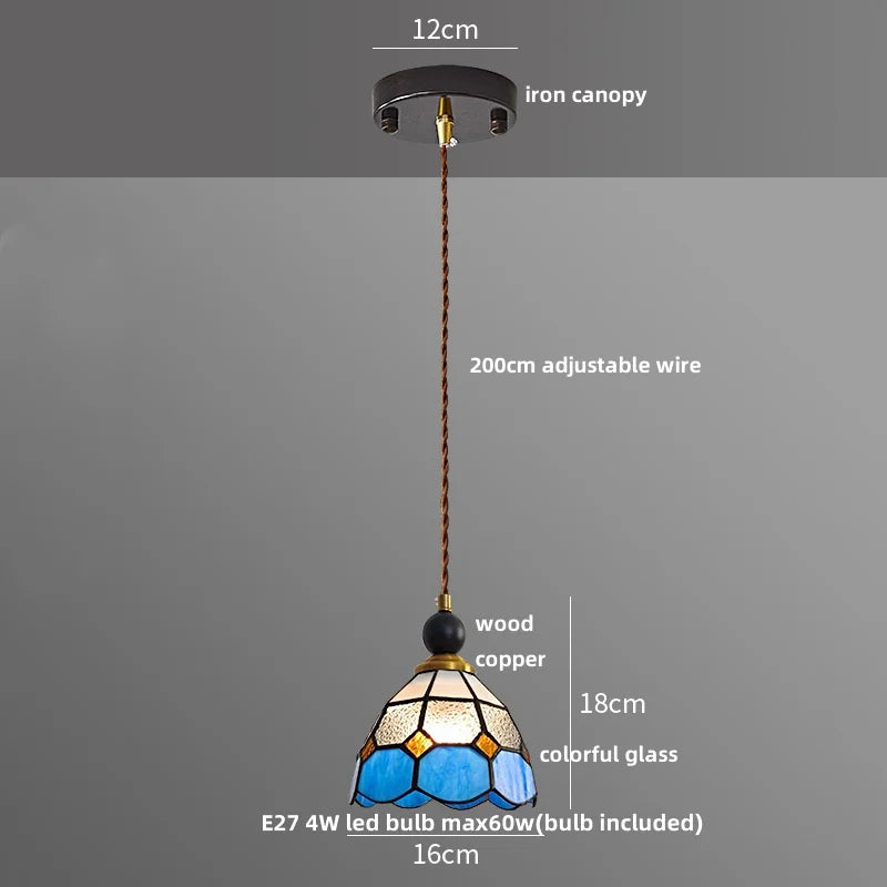 Afralia™ Tiffany Glass Wood LED Pendant Lamp Adjustable Hanging Light Fixture