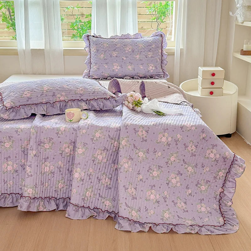 Afralia™ Princess Quilted Bed Cover: Korean Washed Cotton, Single, Lace Detail, Skin-Friendly Fabrics